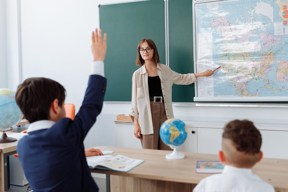 A teacher explaining geography with a map