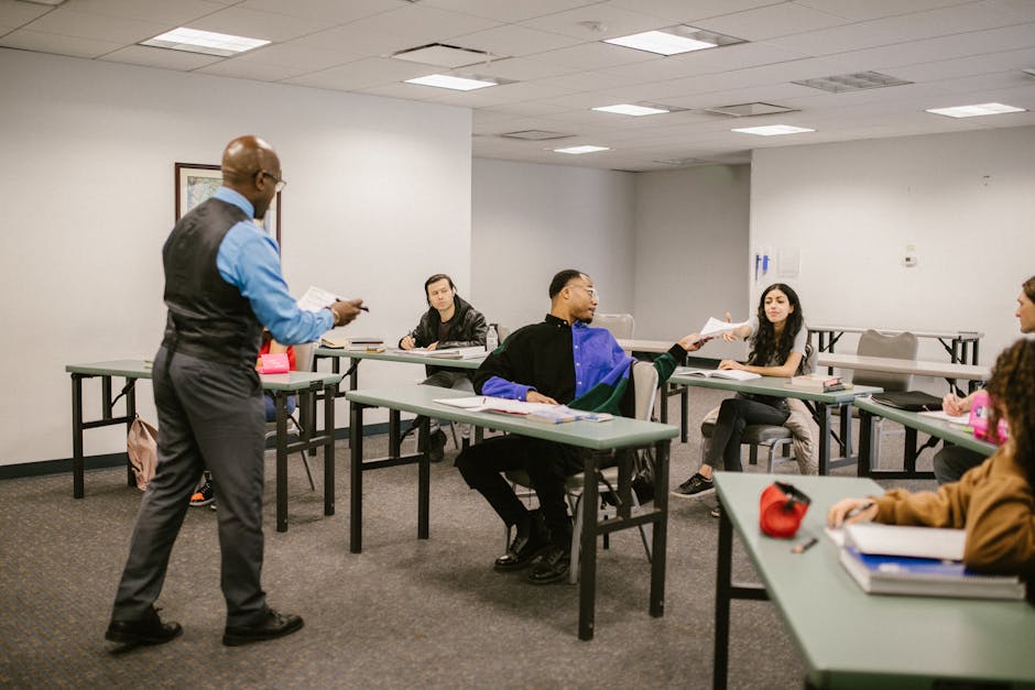 University classroom with students receiving instructions
